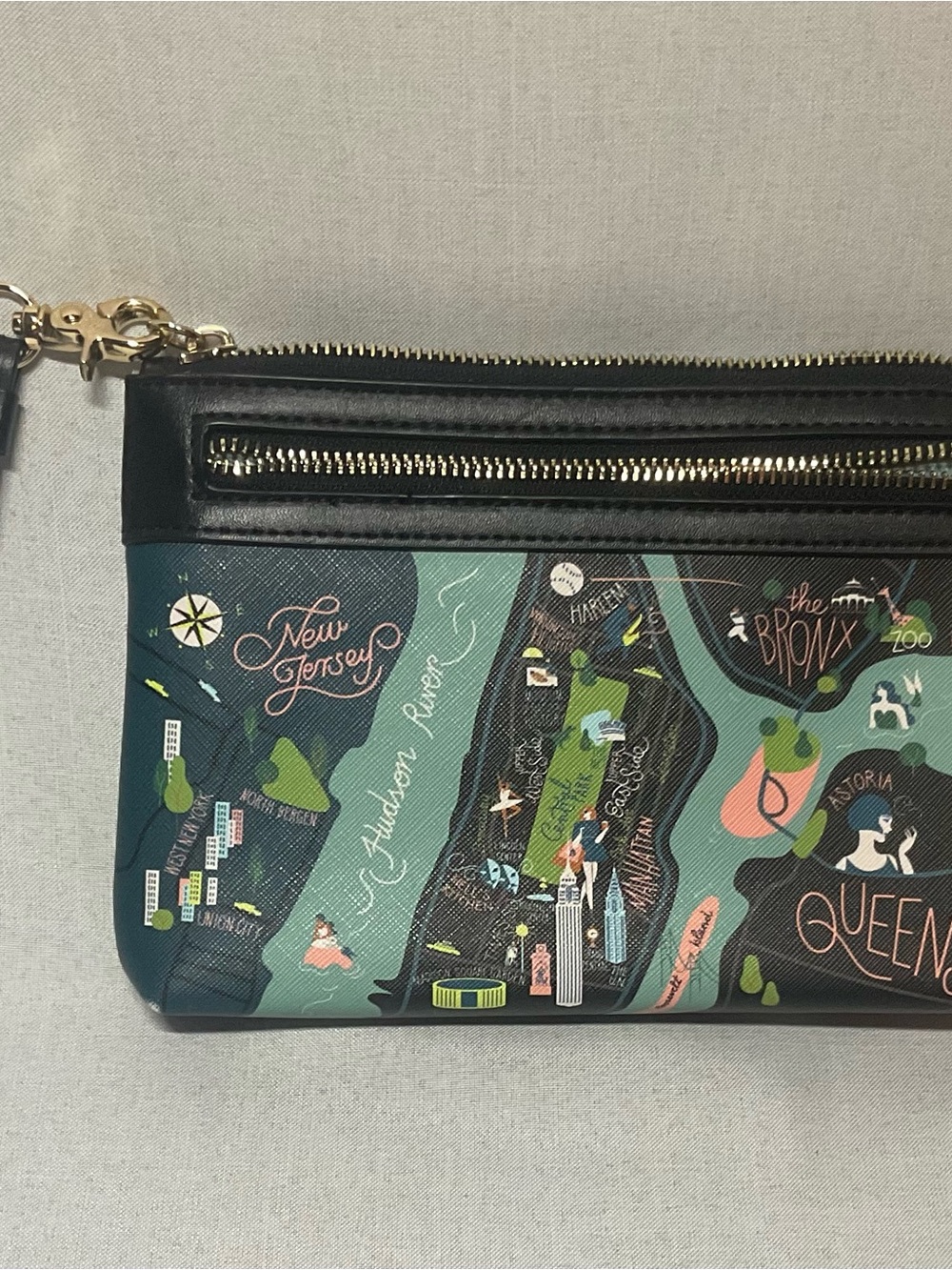 Spartina NY City Map Print Wristlet Clutch in Teal and Black